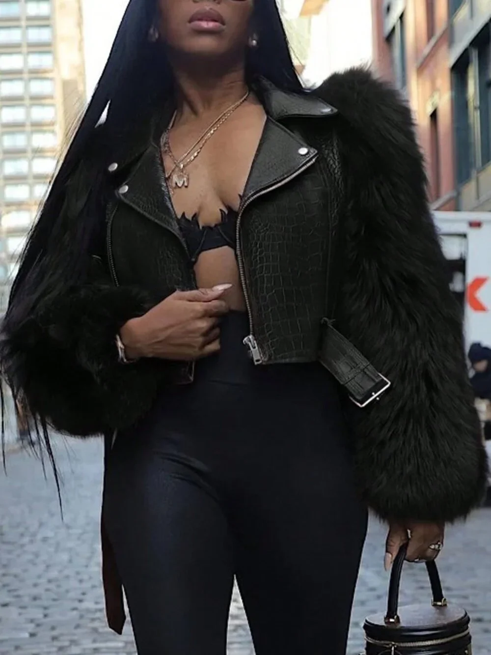Black Casual Women's Patchwork Faux Fur Jacket - Picture 2 of 6